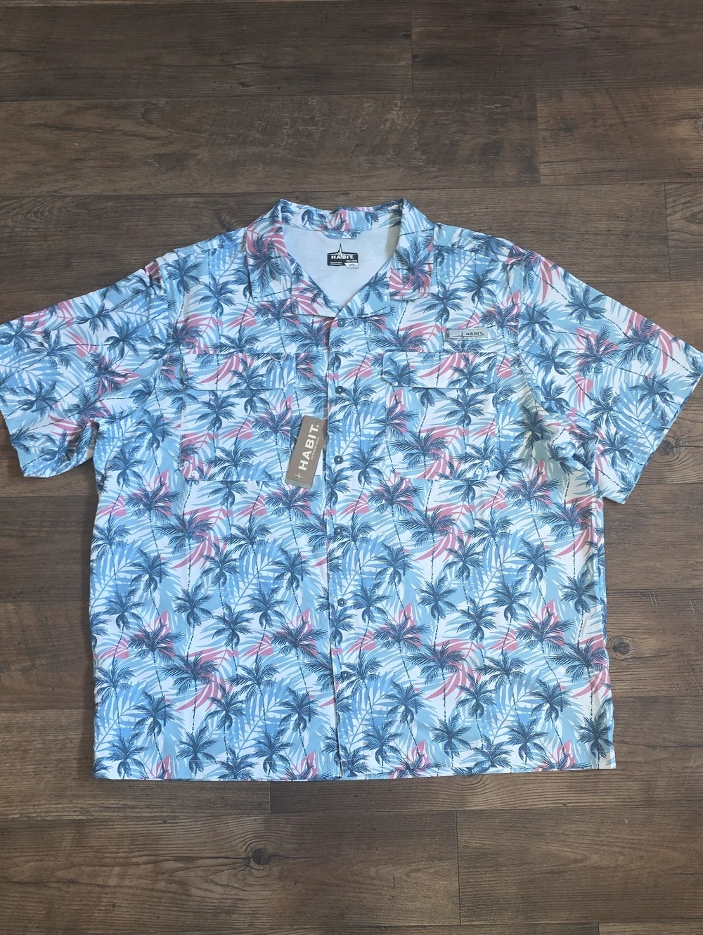 HABIT• Blue Tropical Palm Print Short Sleeve, Button Up  Shirt